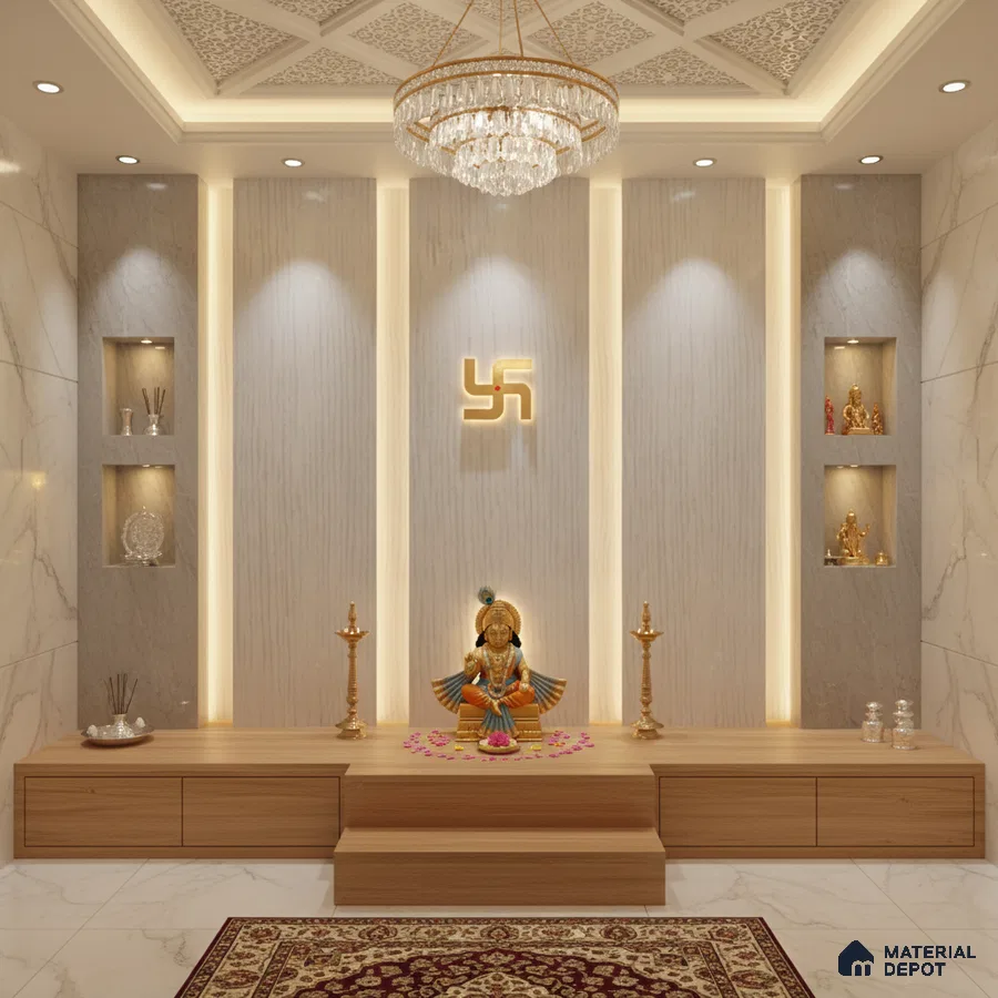 Modern pooja room with marble wall tiles, light wood laminate platform, and backlit decorative wall panels