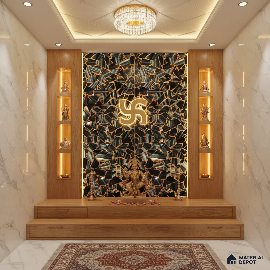 Modern pooja room with marble wall tiles, wooden laminate, and black-gold mosaic accent panel