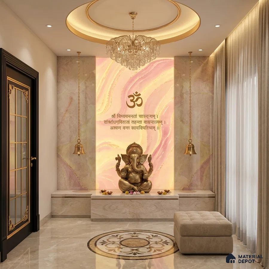Modern pooja room with marble-look wall panel, gold accents, and beige marble flooring