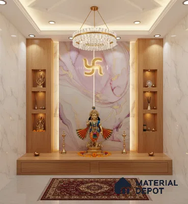 Modern pooja room with marble-look wall tiles, pastel marble accent panel, and light oak laminate storage