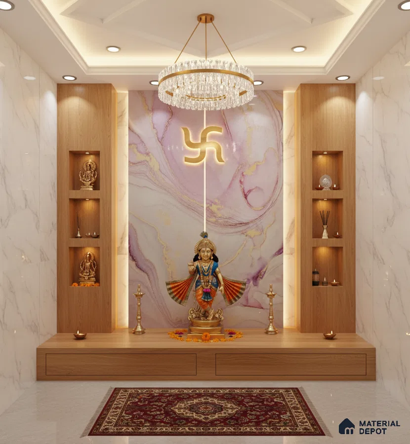 Modern pooja room with marble-look wall tiles, pastel marble accent panel, and light oak laminate storage
