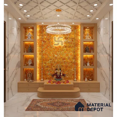 Modern pooja room with orange agate backlit panel, white marble wall tiles, and light wood laminate cabinetry