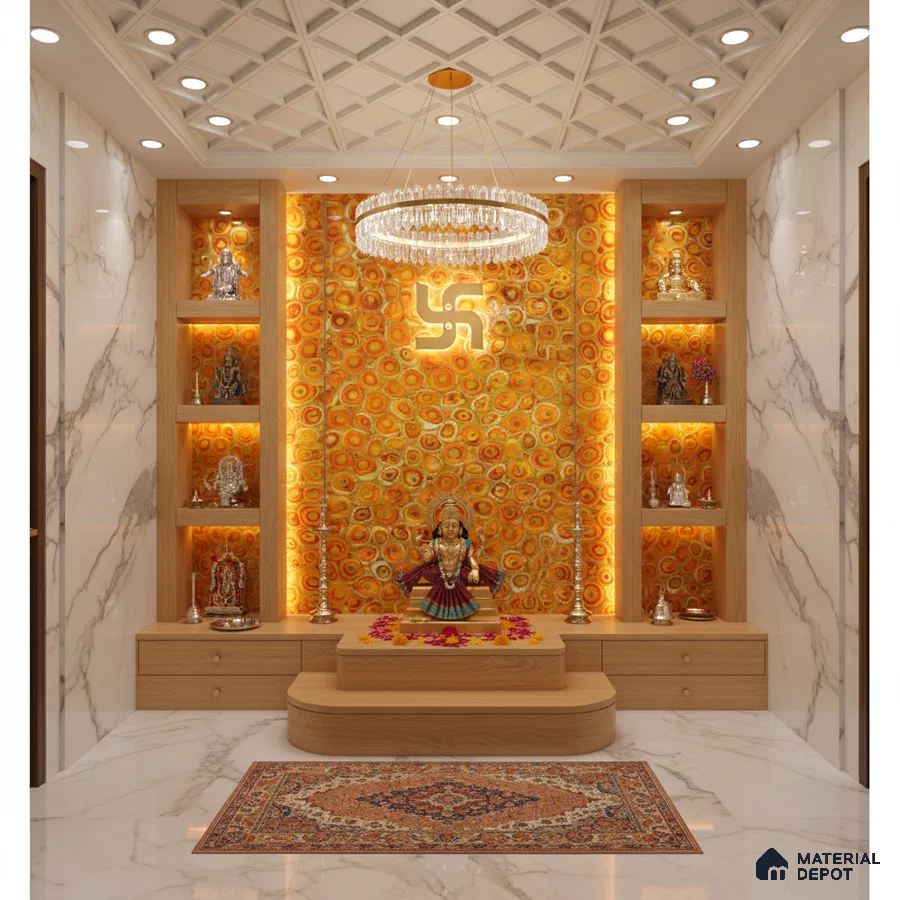 Modern pooja room with orange agate backlit panel, white marble wall tiles, and light wood laminate cabinetry