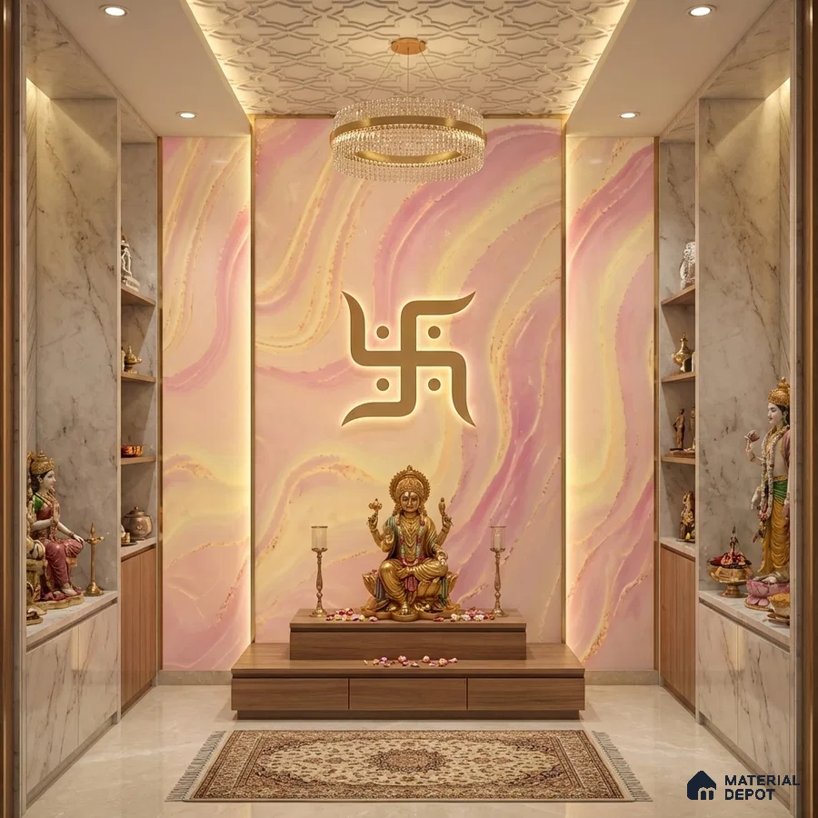 Modern pooja room with pastel marble-look wallpaper, white marble laminate, and wooden laminate storage