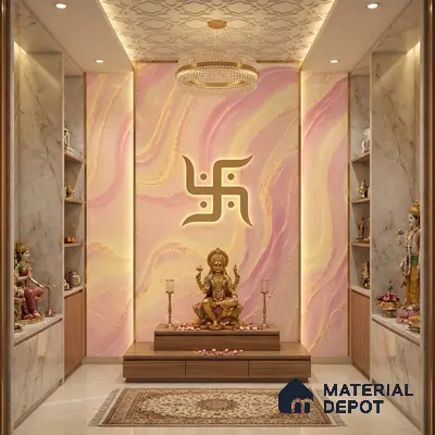 Modern pooja room with pastel marble-look wallpaper, white marble laminate, and wooden laminate storage