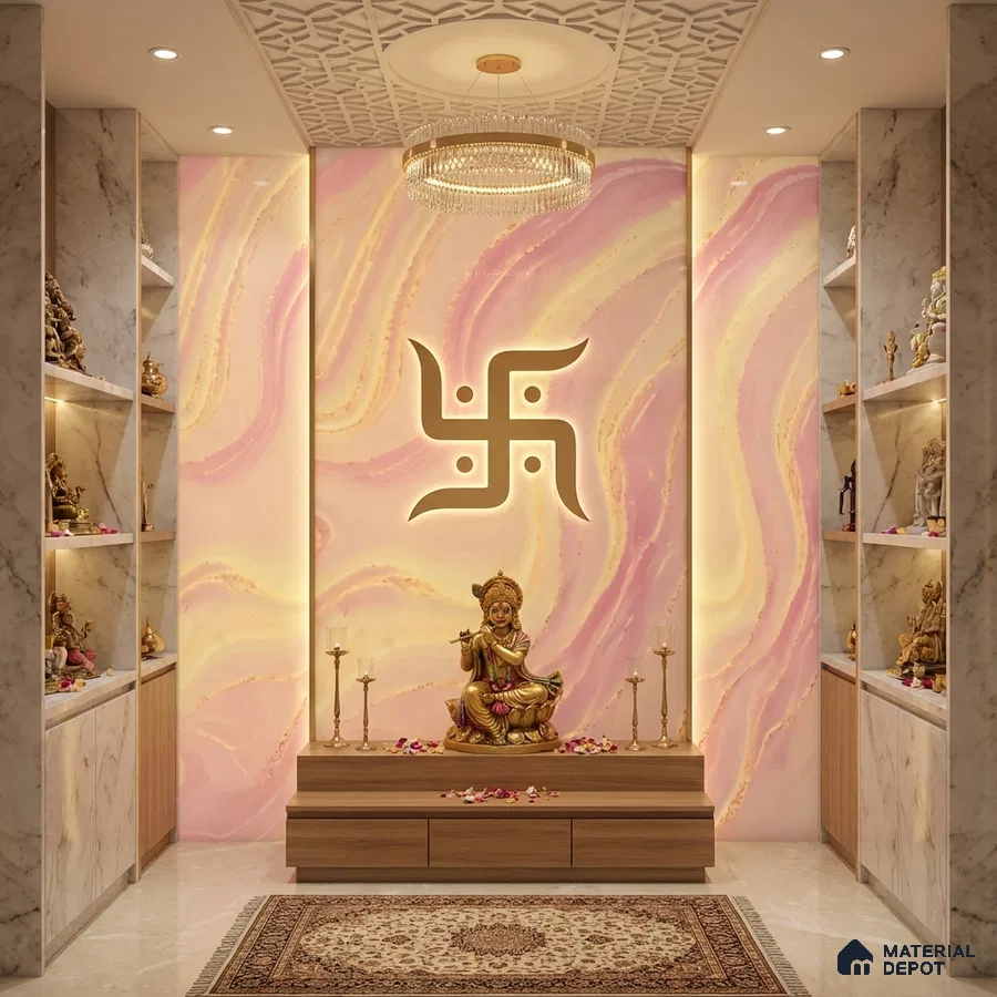 Modern pooja room with pastel marble-look wallpaper, white marble panels, and wooden laminate storage
