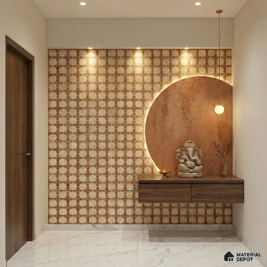Modern pooja room with patterned wallpaper, textured accent wall, and walnut wood laminate floating unit