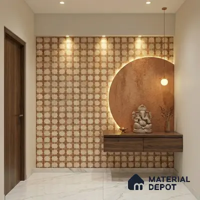 Modern pooja room with patterned wallpaper, textured accent wall, and walnut wood laminate floating unit