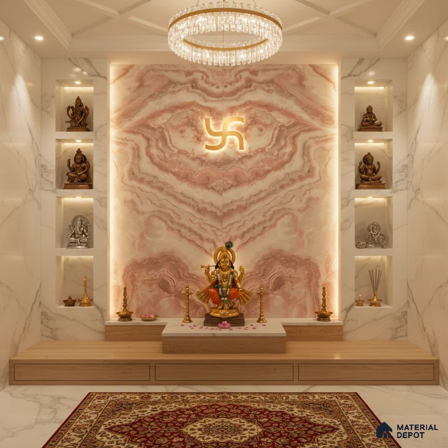 Modern pooja room with pink onyx marble accent wall, white marble wall tiles, and wooden platform