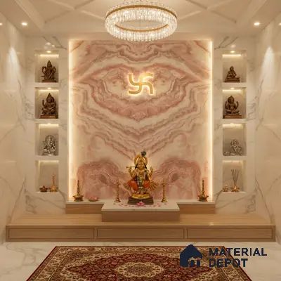 Modern pooja room with pink onyx marble accent wall, white marble wall tiles, and wooden platform