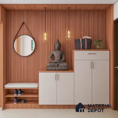 Modern pooja room with vertical wood fluted panels and frosty white laminate cabinets in Sobha Chrysanthemum Thanisandra 3 BHK Bengaluru Apartment