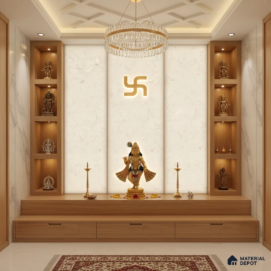 Modern pooja room with white marble laminate panels and natural oak wood laminate shelves