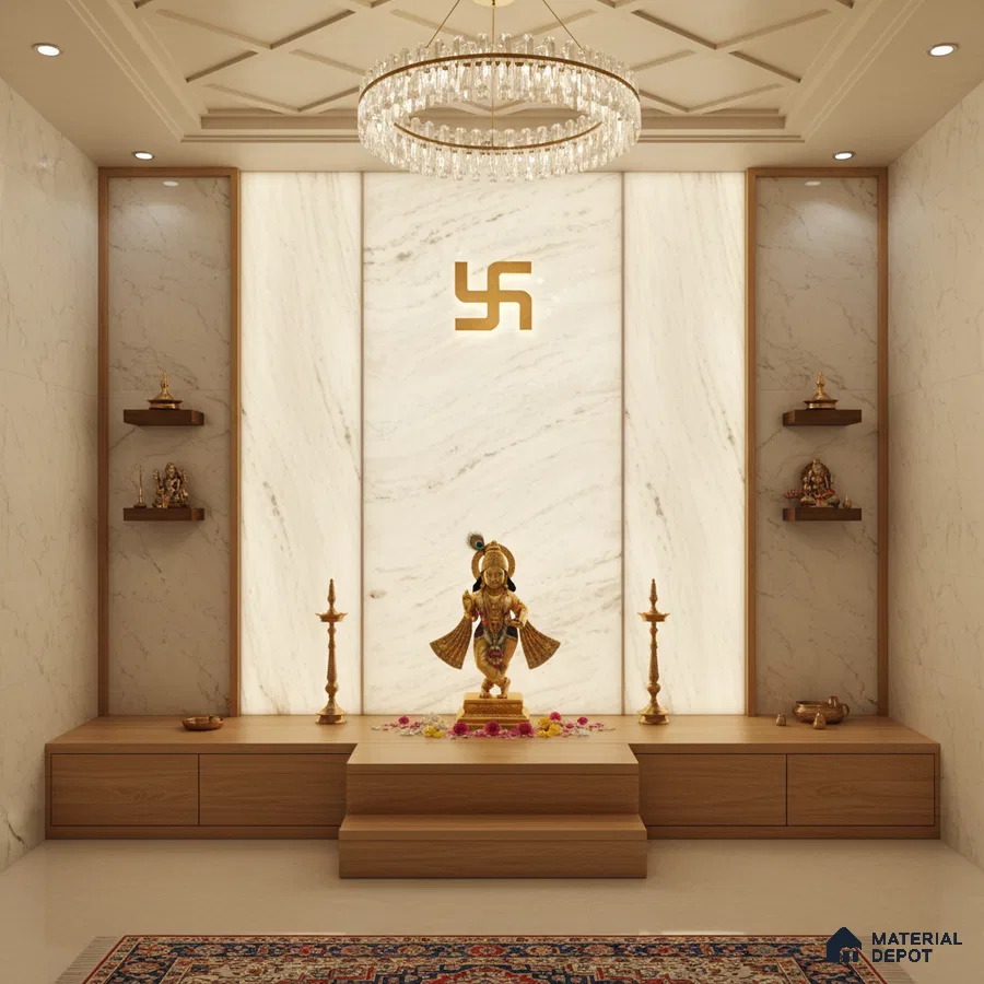 Modern pooja room with white marble laminate, wooden laminate base, and backlit marble accent wall