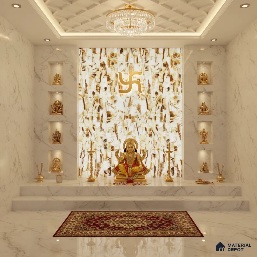 Modern pooja room with white marble tiles, backlit onyx accent wall, and gold decor