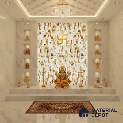 Modern pooja room with white marble tiles, backlit onyx accent wall, and gold decor