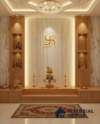 Modern pooja room with white marble wall, natural wood laminate, and backlit panel