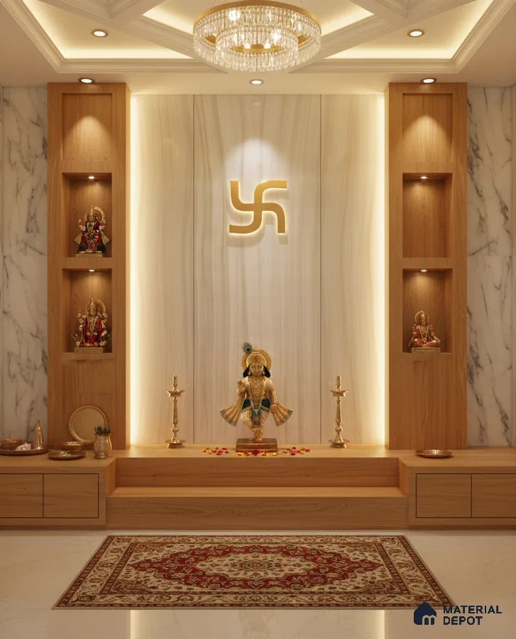 Modern pooja room with white marble wall, natural wood laminate, and backlit panel