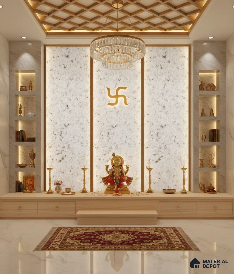 Modern pooja room with white marble wall panels, light wood laminate platform, and gold accent decor