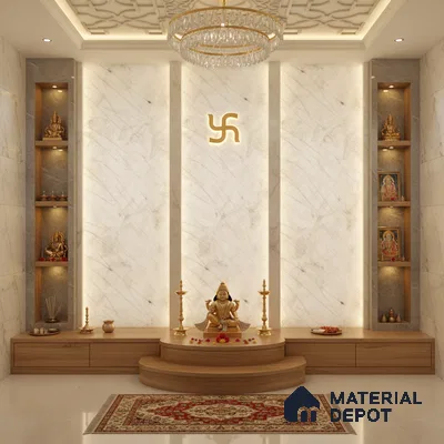 Modern pooja room with white marble wall panels, wooden laminate base, and backlit accent lighting