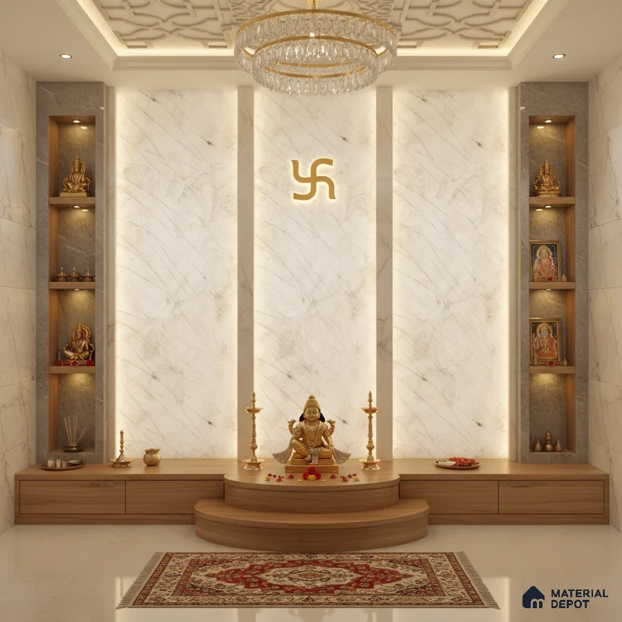 Modern pooja room with white marble wall panels, wooden laminate base, and backlit accent lighting