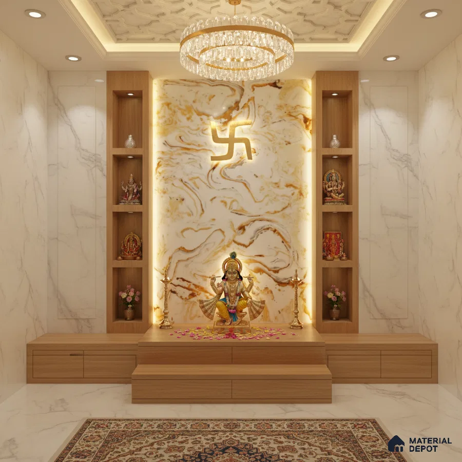 Modern pooja room with white marble wall tiles, backlit golden marble accent panel, and light oak laminate storage