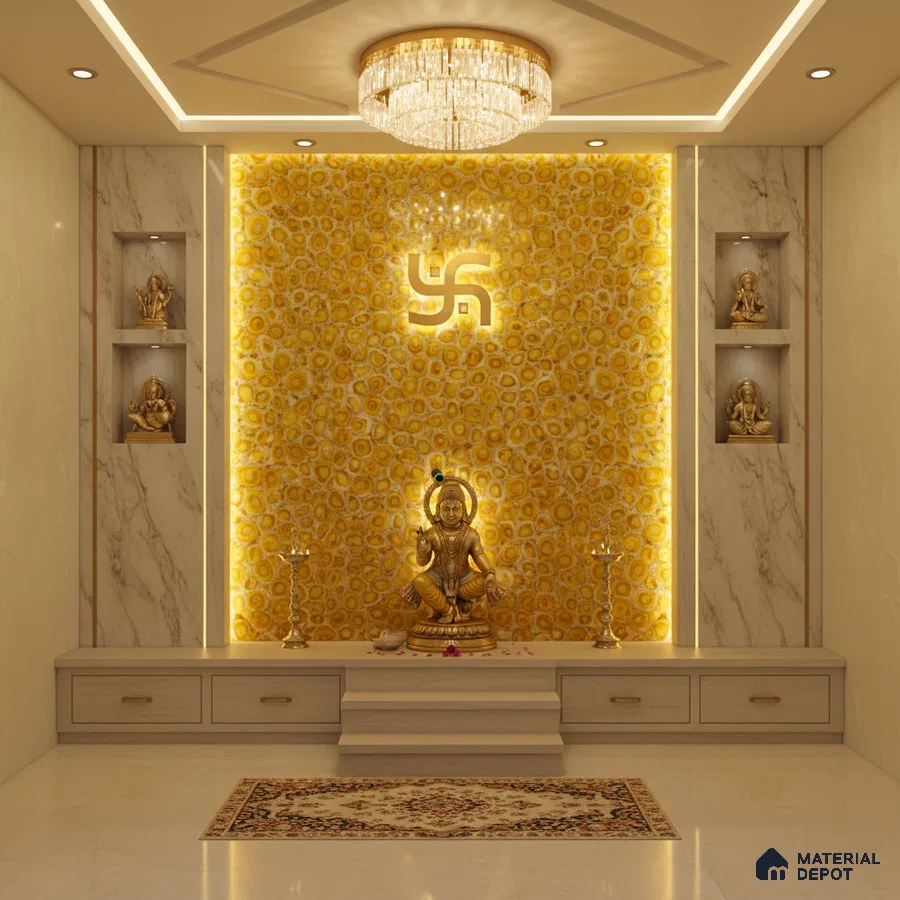 Modern pooja room with yellow agate backlit panel and marble wall cladding