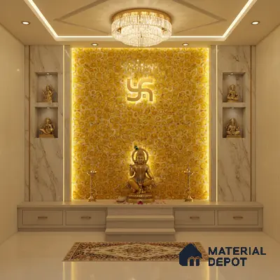 Modern pooja room with yellow agate backlit panel and marble wall cladding