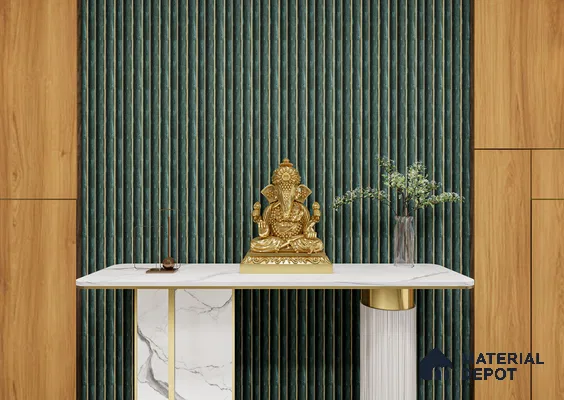 Modern Pooja Space with Dark Green Louvers and Golden Ganesh Idol | Material Depot