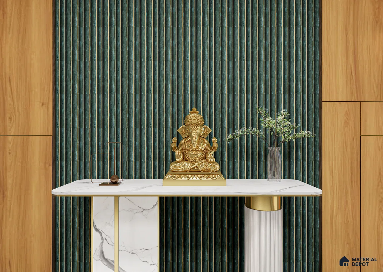 Modern Pooja Space with Dark Green Louvers and Golden Ganesh Idol | Material Depot