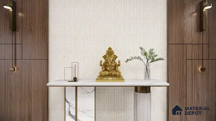 Modern Pooja Unit with White and Gold Fluted Panel Backdrop | Material Depot