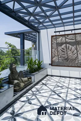 Modern Rooftop Terrace with Geometric Tiles and Pergola | Material Depot