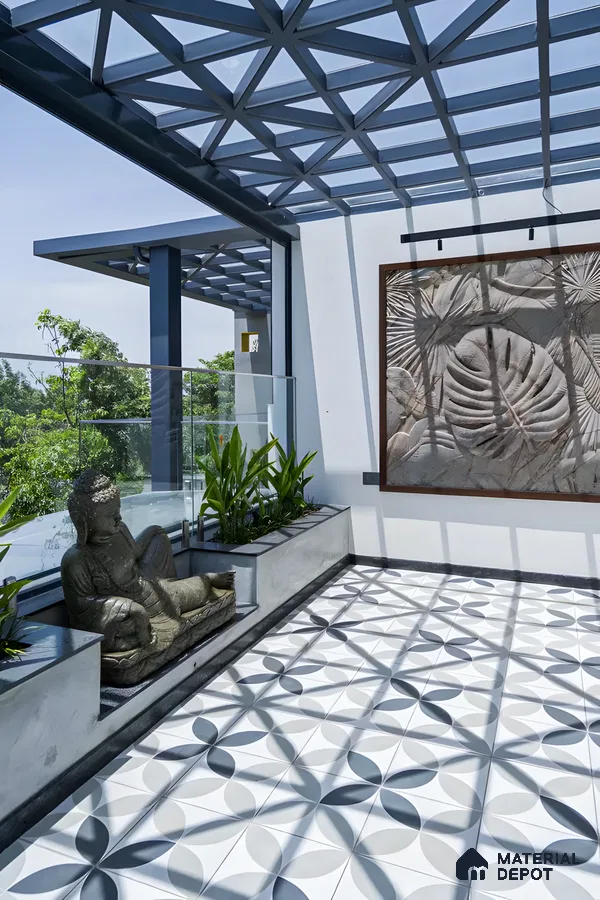 Modern Rooftop Terrace with Geometric Tiles and Pergola | Material Depot
