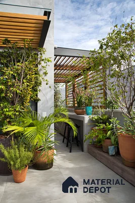 Modern Rooftop Terrace with Greenery and Wooden Pergola | Material Depot
