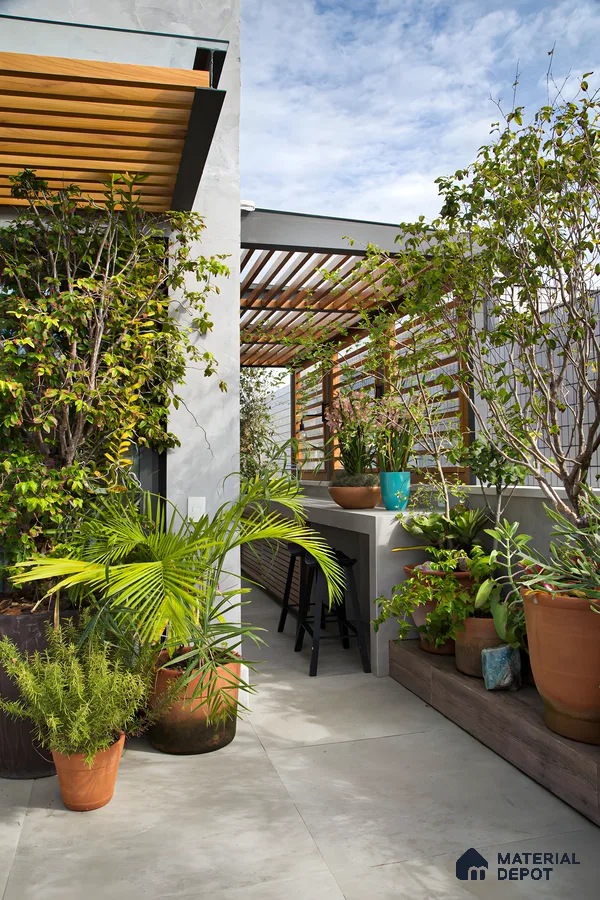 Modern Rooftop Terrace with Greenery and Wooden Pergola | Material Depot