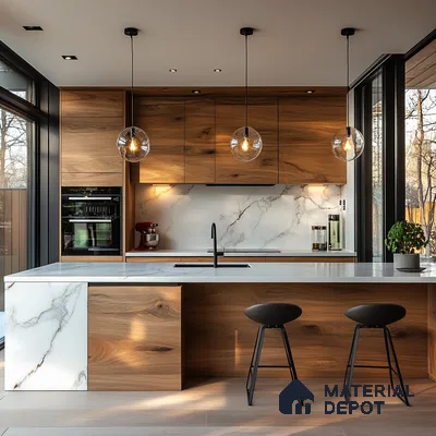 Modern Rustic Charm: Striking Kitchen Design with Wood and Marble Elements | Material Depot