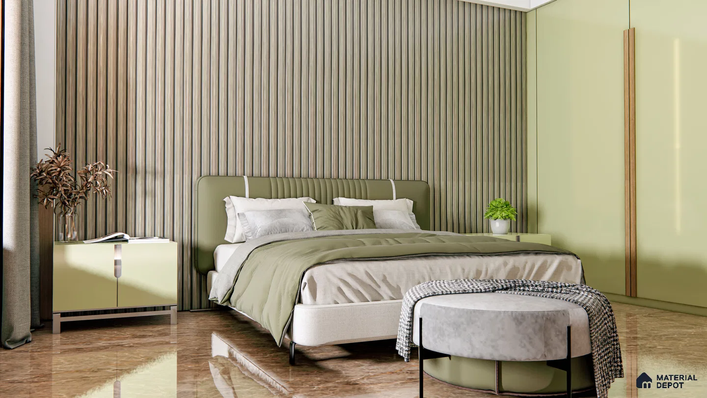 Modern Sage Green Bedroom with Fluted Wall and Glossy Accents | Material Depot