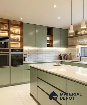 Glossy Island Kitchen with Dark Accents and Floor-to-Ceiling Windows | Material Depot