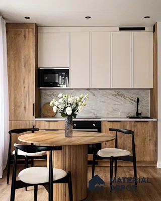 Modern Scandinavian Kitchen with Round Dining Table and White Cabinets | Material Depot
