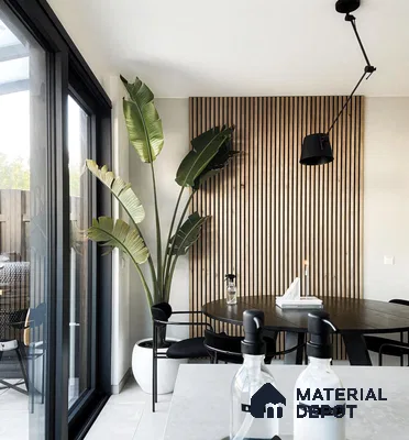 Modern Scandinavian Living Room with Bird of Paradise Plant and Wood Accents | Material Depot