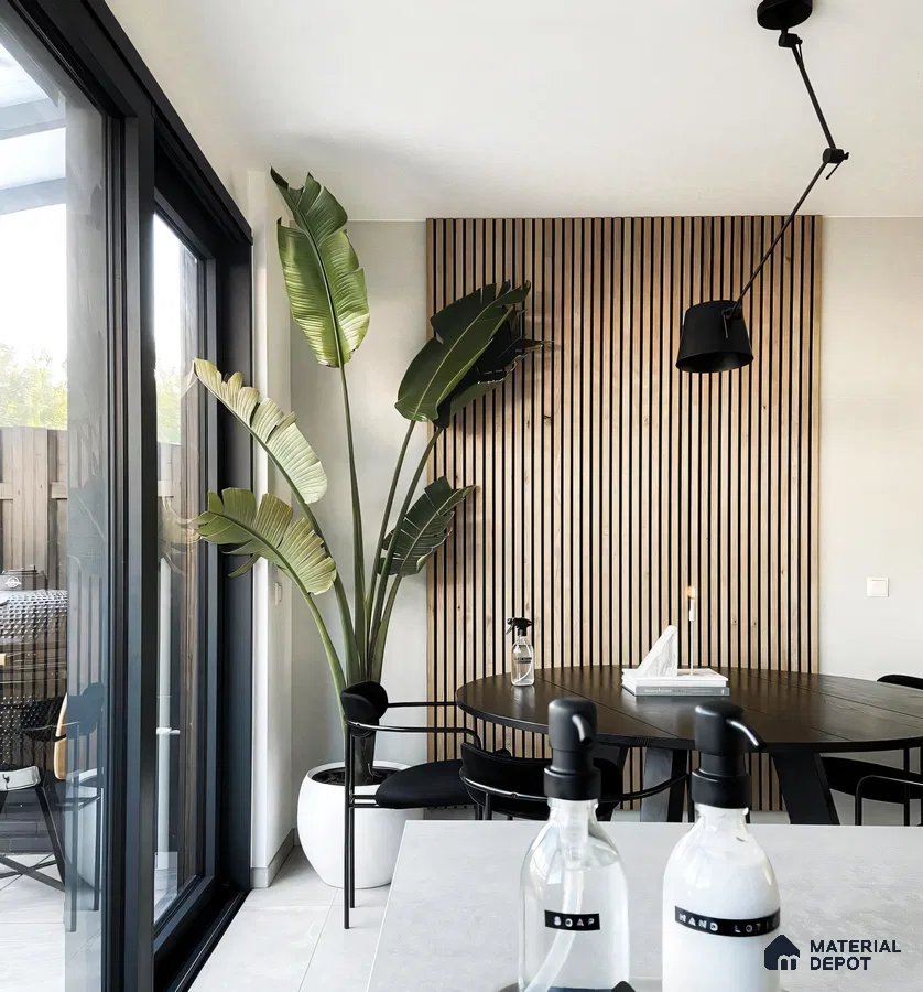 Modern Scandinavian Living Room with Bird of Paradise Plant and Wood Accents | Material Depot