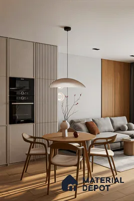 Modern Scandinavian Open-Plan Living Space with Round Dining Table and Wooden Chairs | Material Depot