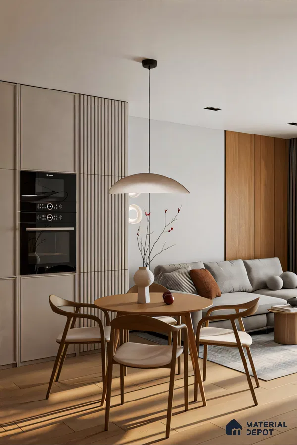 Modern Scandinavian Open-Plan Living Space with Round Dining Table and Wooden Chairs | Material Depot