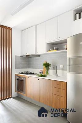 Modern Scandinavian-Inspired Kitchen: Sleek Two-Tone Cabinetry with Wood Accents | Material Depot