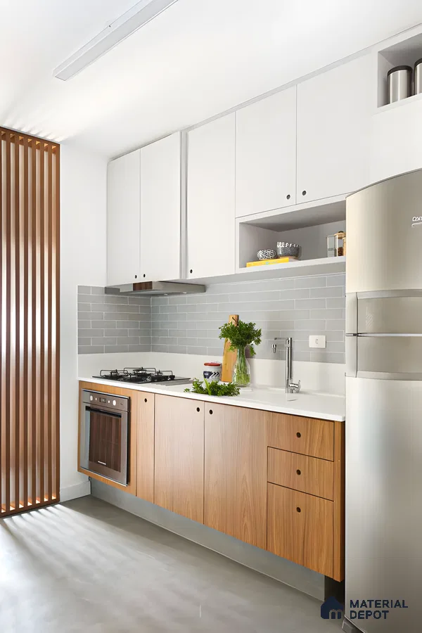 Modern Scandinavian-Inspired Kitchen: Sleek Two-Tone Cabinetry with Wood Accents | Material Depot