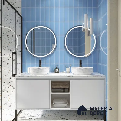 Modern Serenity Trazo Patterns, Aqua Hues, and Elegant Fixtures | Material Depot