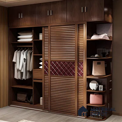 Modern Sliding Door Wardrobe with Dark Wood Finish and Open Shelving | Material Depot