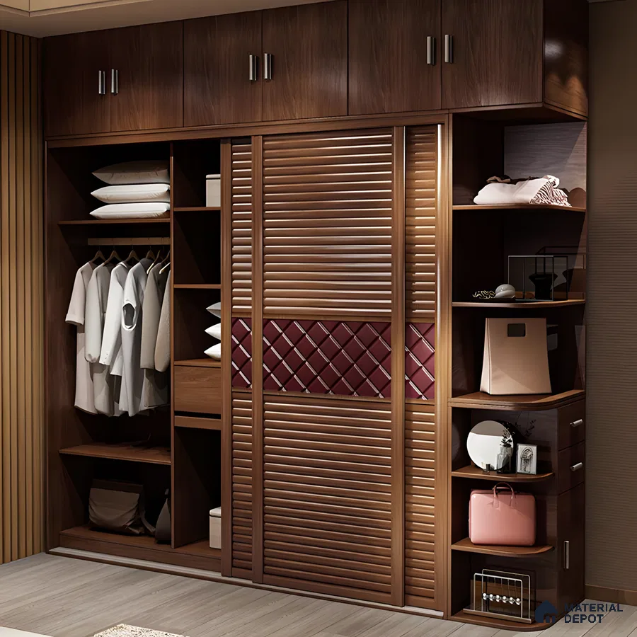 Modern Sliding Door Wardrobe with Dark Wood Finish and Open Shelving | Material Depot