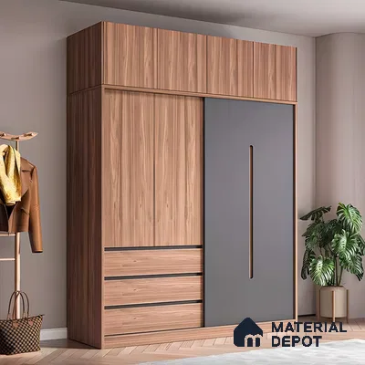 Modern Sliding Door Wardrobe with Wood and Gray Finish | Material Depot