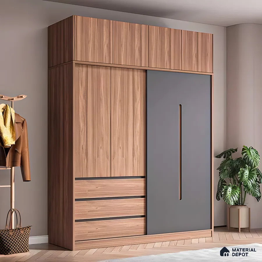 Modern Sliding Door Wardrobe with Wood and Gray Finish | Material Depot