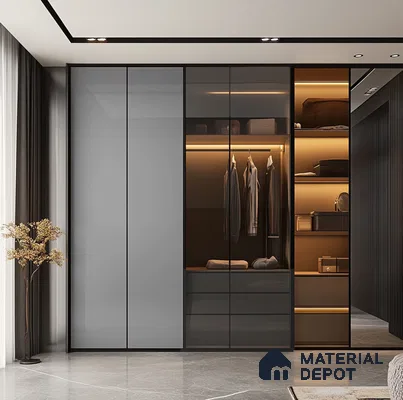 Modern Sliding Wardrobe with Grey Laminate and Glass Panels in Master Bedroom | Material Depot